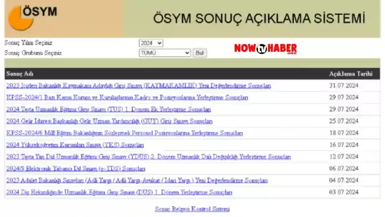 ÖSYM Sonuç Açıklama Ekranı